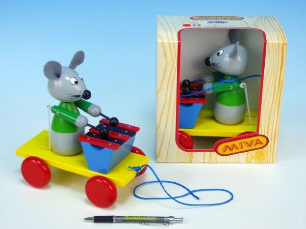 Myš s xylofonem dřevo tahací 20cm v krabičce Teddies