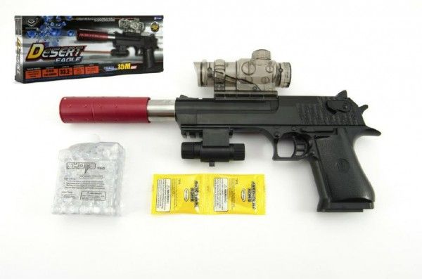 Pistole plast/kov 33cm na vodní kuličky + náboje 9-11mm na baterie se světlem v krabici 34x13x4cm Teddies