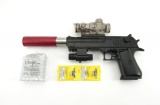 Pistole plast/kov 33cm na vodní kuličky + náboje 9-11mm na baterie se světlem v krabici 34x13x4cm Teddies