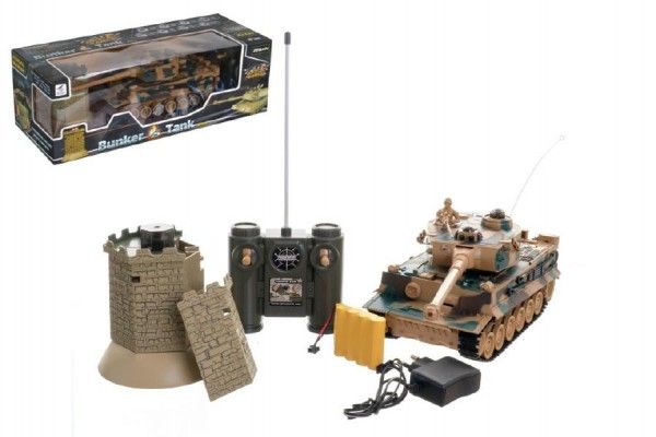 Tank RC plast 33cm + otočná věž na baterie+dobíjecí pack se zvukem a světlem v krabici 51x17x19cm Teddies