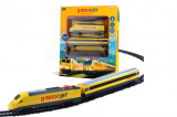 Vlak žlutý RegioJet s kolejnicemi 18ks plast se zvukem a světlem v krabici 38x43x6cm Rappa