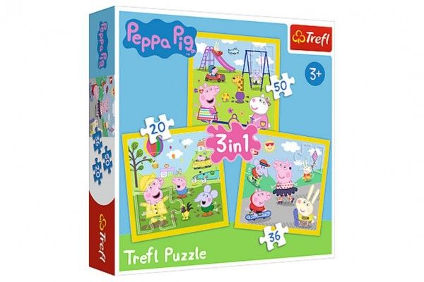 Puzzle 3v1 Prasátko Peppa/ Peppa Pig Šťastný den prasátka v krabici 28x28x6cm Trefl