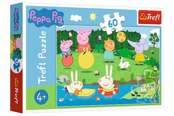 Puzzle Prasátko Peppa/Peppa Pig Prázdninová zábava 33x22cm 60 dílků v krabičce 21x14x4cm Trefl