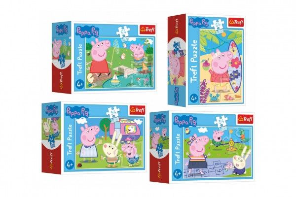 Minipuzzle 54 dílků Šťastný den Prasátka Peppy/Peppa Pig 4 druhy v krabičce 9x6,5x3,5cm 40ks v boxu Trefl