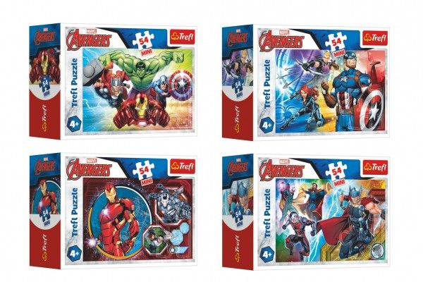 Minipuzzle 54 dílků Avengers/Hrdinové 4 druhy v krabičce 9x6,5x4cm 40ks v boxu Trefl