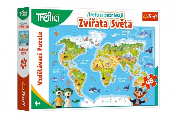 Puzzle Treflíci poznávají Zvířata světa 48 dílků 60x40cm v krabici 33x23x6cm