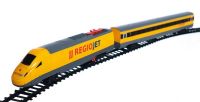Vlak žlutý RegioJet s kolejnicemi 18ks plast se zvukem a světlem v krabici 38x43x6cm Rappa
