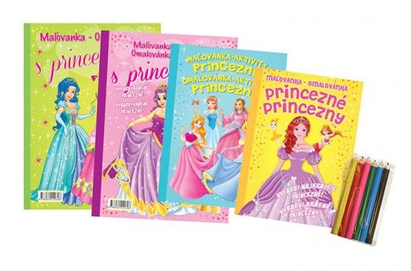 Omalovánky+aktivity/Maľovanky+aktivity Princezny/princezné 4ks + pastelky CZ+SKverze v sáčku 21x29cm FONI Book