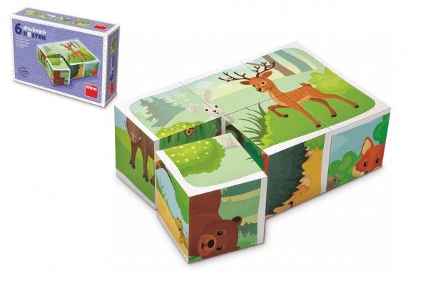 Kostky kubus Lesní zvířátka dřevo 6ks v krabičce 12,5x8,5x4cm Dino