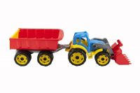 Traktor/nakladač/bagr s vlekem se lžící plast na volný chod 2 barvy v síťce 16x61x16cm Teddies