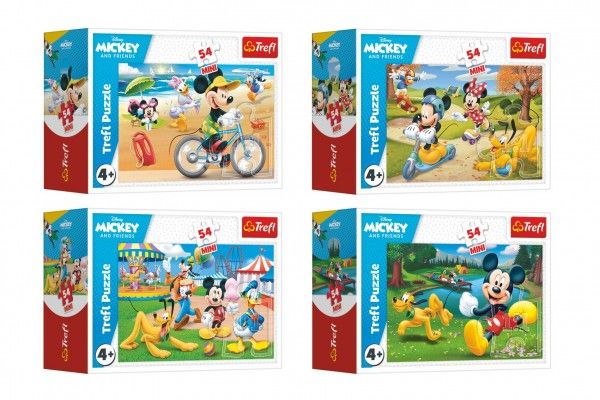 Minipuzzle 54 dílků Mickey Mouse Disney/ Den s přáteli 4 druhy v krabičce 9x6,5x4cm 40ks v boxu Trefl