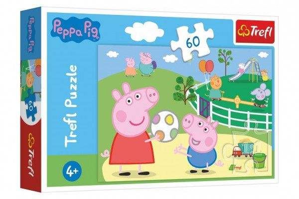 Puzzle Prasátko Peppa/Peppa Pig Zábava s přáteli 33x22cm 60 dílků v krabičce 21x14x4cm Trefl