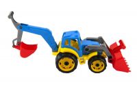 Traktor/nakladač/bagr se 2 lžícemi plast na volný chod 2 barvy v síťce 16x35x16cm Teddies