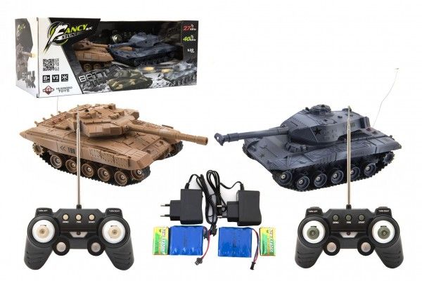 Tank RC 2ks 25cm tanková bitva+dobíjecí pack 27MHZ a 40MHz se zvukem se světlem v krabici 50x20x23cm Teddies
