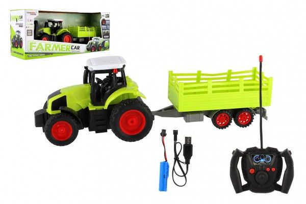 Traktor RC s vlekem plast 38cm 27MHz + dobíjecí pack na baterie v krabici 45x19x13cm Teddies