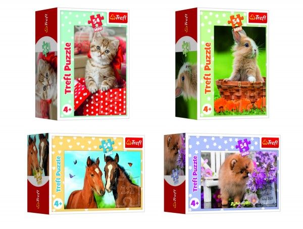 Minipuzzle 54 dílků Zvířátka - mláďata 4 druhy v krabičce 9x6,5x4cm 40ks v boxu Trefl
