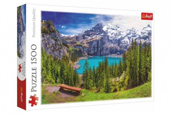 Puzzle Jezero Oeschinen Alpy, Švýcarsko 1500 dílků 85x58cm v krabici 40x26x6cm Trefl