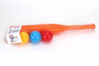 Baseballová pálka 50cm + míčky 3ks plast 2 barvy v síťce Teddies