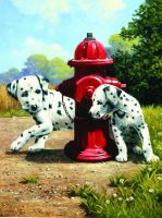 Malování podle čísel Dalmatini u červeného hydrantu 22x30cm s akrylovými barvami a štětcem na kartě SMT Creatoys