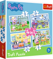 Puzzle 4v1 Peppa Pig/Prásátko Pepa Vzpomínka na prázdniny v krabici 28x28x6cm Trefl