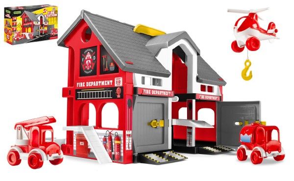 Play House - Požární stanice plast + 2ks aut + 1ks helikoptéra v krabici 59x39x15cm WADER