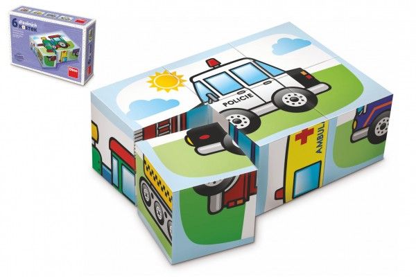 Kostky kubus Dopravní prostředky dřevo 6 ks v krabičce 12,5x8,5x4cm Dino