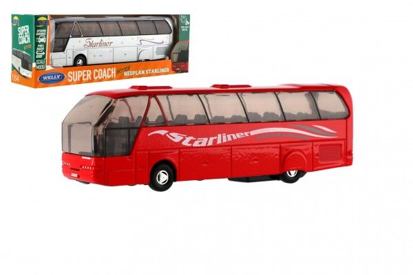 Autobus Welly Super Coach kov/plast 19cm na zpětné natažení 2 barvy v krabičce 22,5x8x5cm Dromader