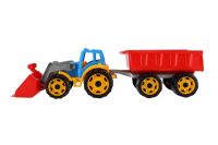 Traktor/nakladač/bagr s vlekem se lžící plast na volný chod 2 barvy v síťce 16x61x16cm Teddies