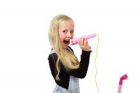 Mikrofon karaoke růžový plast na baterie se světlem v krabici 17x34x7cm Teddies