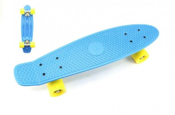 Skateboard 60cm nosnost 90kg, kovové osy, modrá barva, žlutá kola Teddies