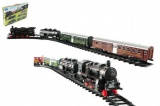 Vlak + 3 vagóny s kolejemi 24ks plast na baterie se světlem se zvukem v krabici 59x39x6cm Teddies